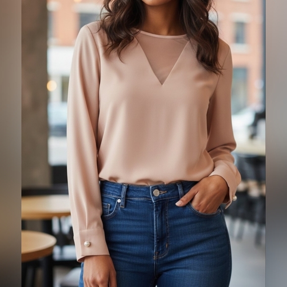Zara Tops - ZARA Cream Sheer V-Neck Blouse Pearl Cuff Sleeve Size S
